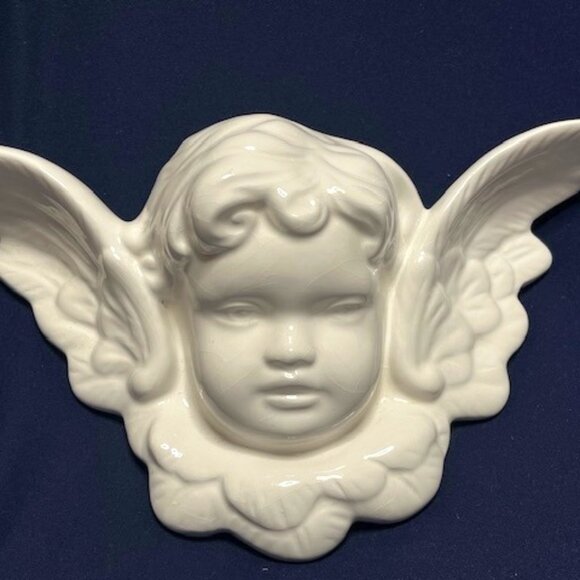 White Ceramic Hanging Angel Head w/Wings 11"(W)x7"(H) - Picture 2 of 15